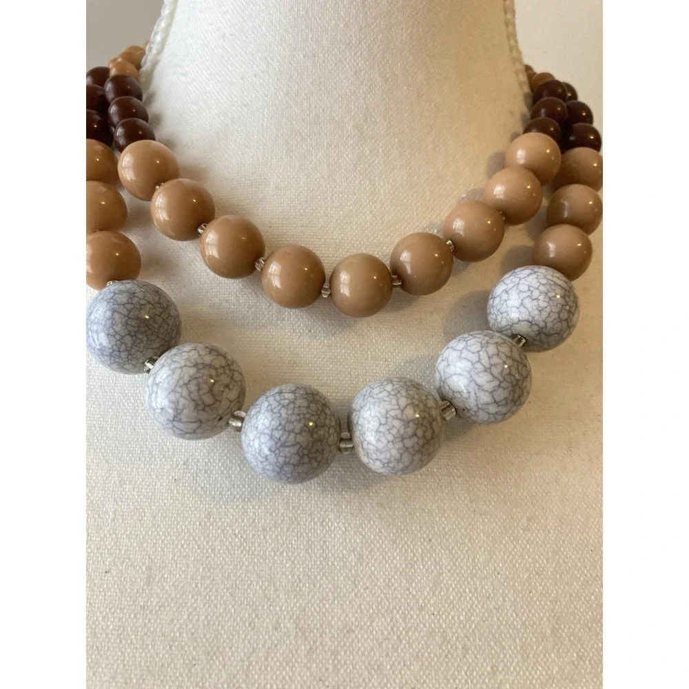 Double Strand Collar Necklace Brown Tan Gray Marbled Beads‎ Chunky Statement